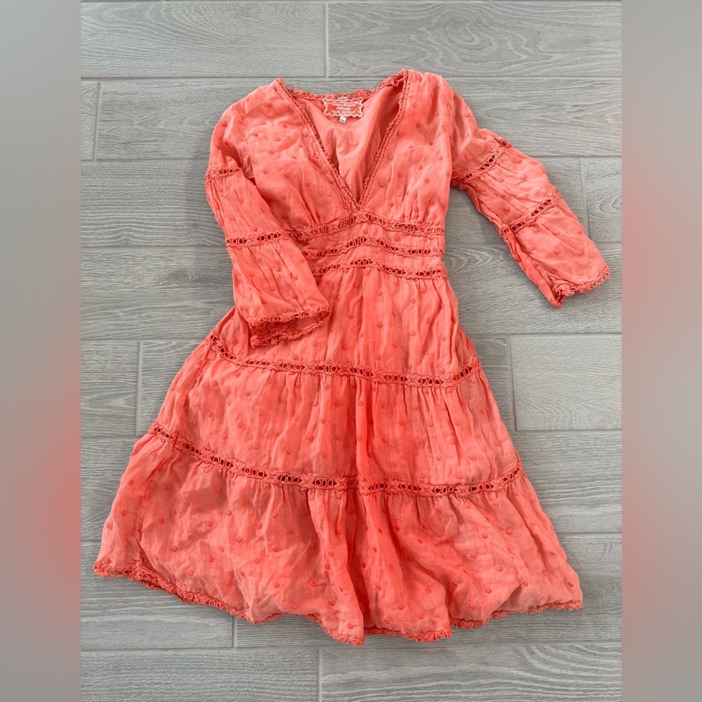 QUEEN MODA POSITANO 100% Linen Coral Luxury Made in Italy Dress Size XS GUC